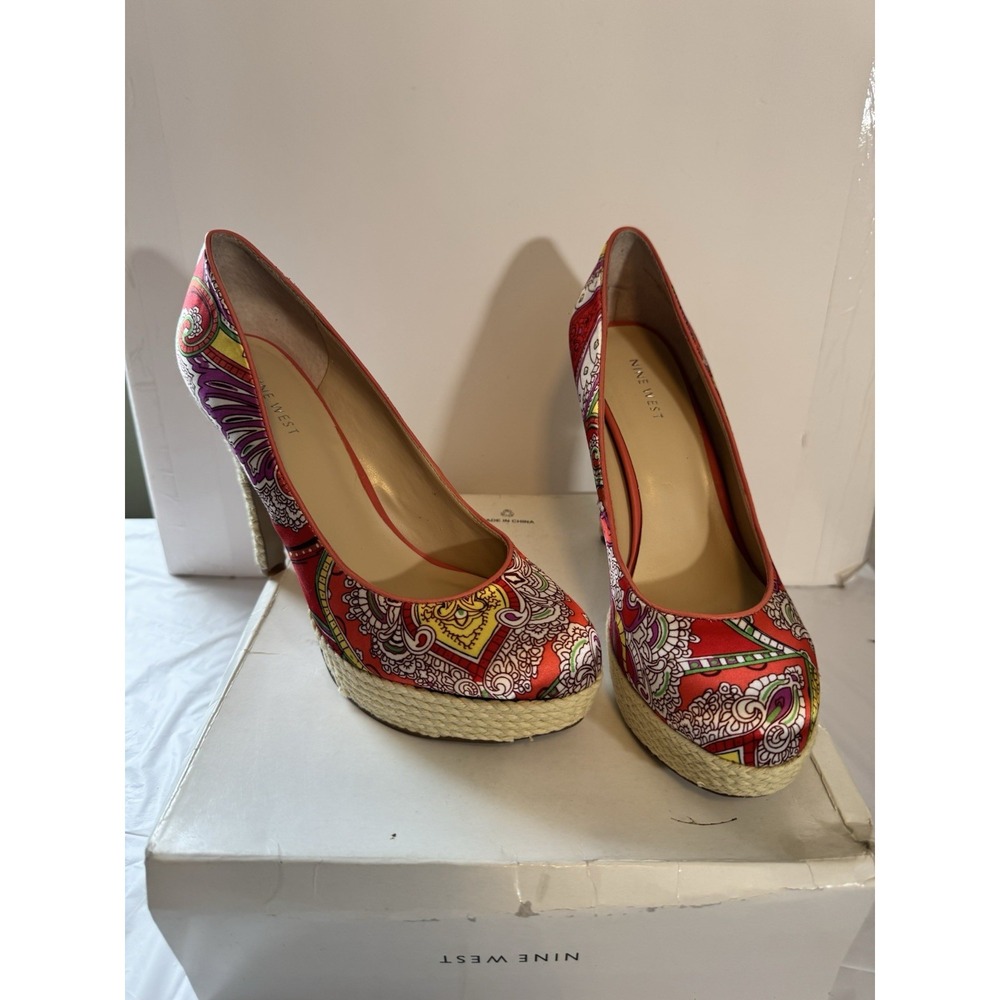 Nine West Paisley Platform Pumps Rope Wrap Heel Size 8.5 Y2K Style Satin 5"